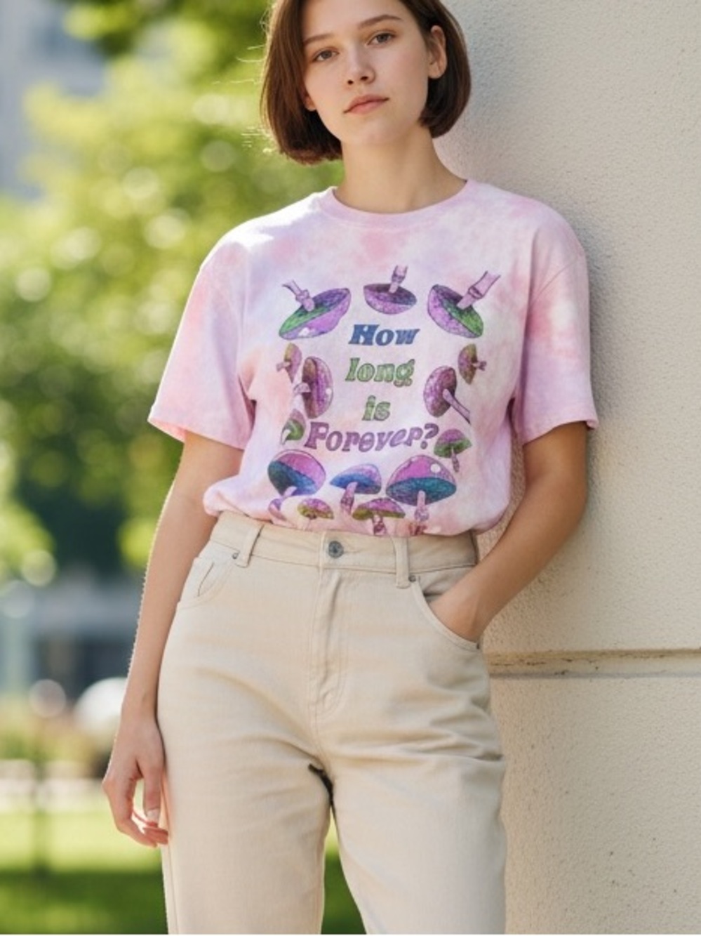 Junk Food Clothing Pink Tie-Dye 'How Long is Forever?' Size L Mushroom Graphic T